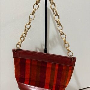 Vintage Leather-Trim Velvet Striped Shoulder Bag in Deep Red and Orange